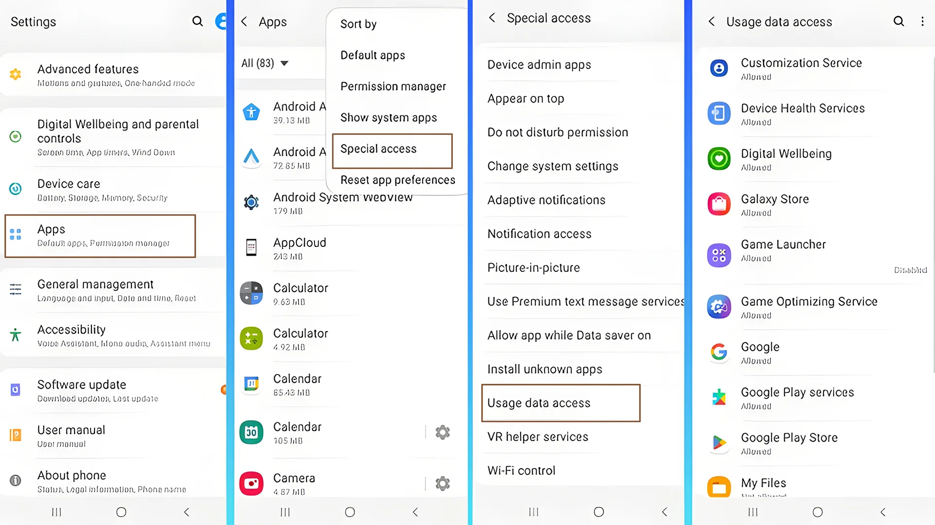 مدیریت برنامه‌های دارای مجوز دسترسی به داده‌های میزان استفاده از گوشی (Usage data access) در اندروید
