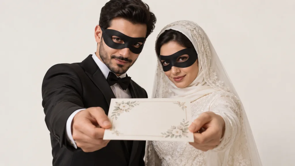 عروس و دامادی با ظاهر معمولی و لباس رسمی عروسی، در حالی که نقاب‌های مشکی دزدی به چشم دارند، یک کارت دعوت عروسی را به سمت دوربین گرفته‌اند.