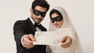 عروس و دامادی با ظاهر معمولی و لباس رسمی عروسی، در حالی که نقاب‌های مشکی دزدی به چشم دارند، یک کارت دعوت عروسی را به سمت دوربین گرفته‌اند.