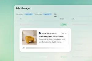صفحه Ads Manager در پنل تبلیغات چتجیپیتی با پیشنمایش آگهی فعال یک برند لوازم خانه که تصویر یک مبل زردرنگ و عبارت Make every room feel like home را نشان میدهد.