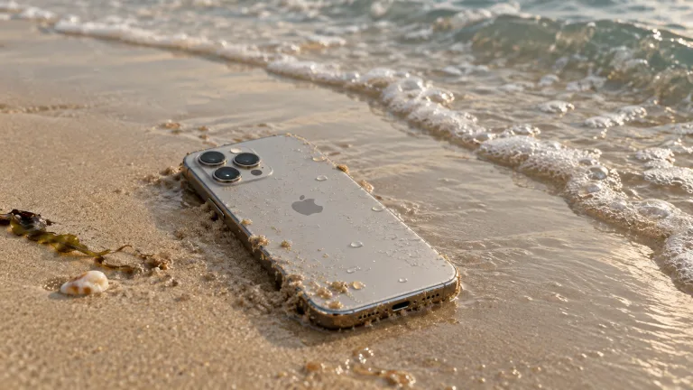 تصویر مفهومی و رئال از یک آیفون خیس و پوشیده از شن در لبه ساحل، در حالی که موج دریا به آن نزدیک می‌شود؛ تصویری مرتبط با آگهی‌های مشکوک «آیفون دریایی» و خطر خرید گوشی‌های آسیب‌دیده.