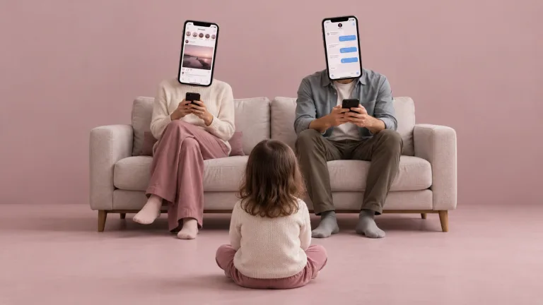 کودکی از پشت روی زمین نشسته و به پدر و مادرش نگاه می‌کند؛ والدین روی مبل نشسته‌اند و به‌جای سر، گوشی‌های هوشمند دارند. تصویر مفهومی و مینیمال با پس‌زمینه صورتی، درباره جایگزین شدن موبایل با تعامل واقعی والدین و کودک.
