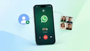 گوشی‌ای با صفحه تماس گروهی واتساپ و نوشته «5 People» که با خط‌چین از یک سو به نماد کاربر تازه با علامت «+» و از سوی دیگر به تصویر چهار شرکت‌کننده تماس تصویری وصل شده است؛ نمادی از پیوستن مهمان بدون حساب به تماس واتساپ